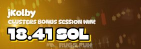 A casino/slot game win notification showing 'jKolby' won '18.41 SOL' on a 'CLUSTERS BONUS SESSION WIN' from RUGP.FUN.
