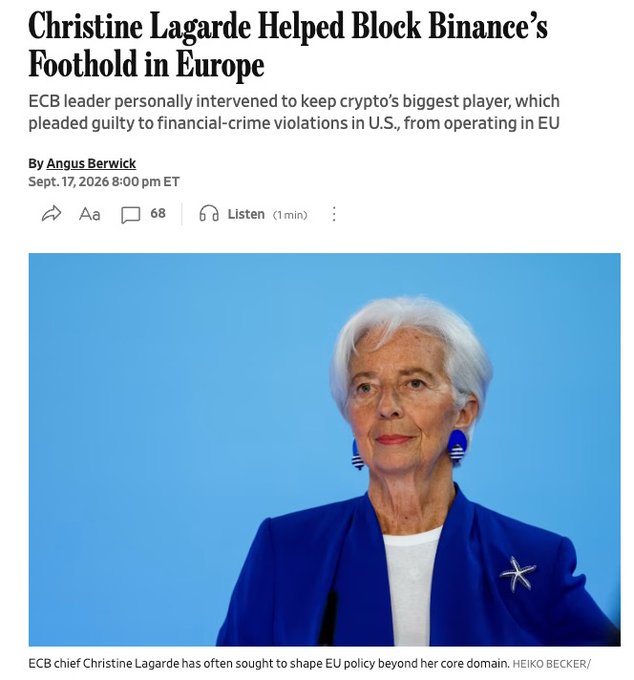 A news article headlined 'Christine Lagarde Helped Block Binance's Foothold in Europe,' by Angus Berwick, dated Sept. 17, 2026, featuring a portrait of ECB chief Christine Lagarde.