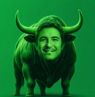 A green-tinted image shows a man's smiling face merged onto the body of a bull with large horns.