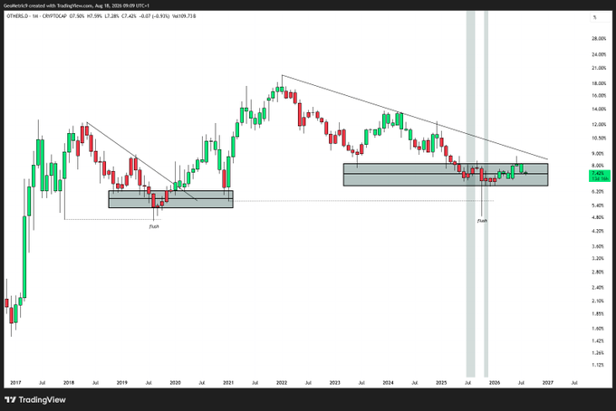 A TradingView chart of the crypto market cap index OTHERS.D on a 1-week timeframe shows price consolidating within two highlighted horizontal accumulation zones (around $5.90–$7.50 in 2020 and $6.80–$8.80 in 2025–2026), framed by a descending trendline from the 2022 peak. The setup illustrates a multi-year macro accumulation pattern, where despite short-term volatility, the index is compressing between key support and resistance levels—suggesting a potential breakout or further consolidation ahead, consistent with the post's reminder that macro charts operate on longer cycles beyond immediate pain.