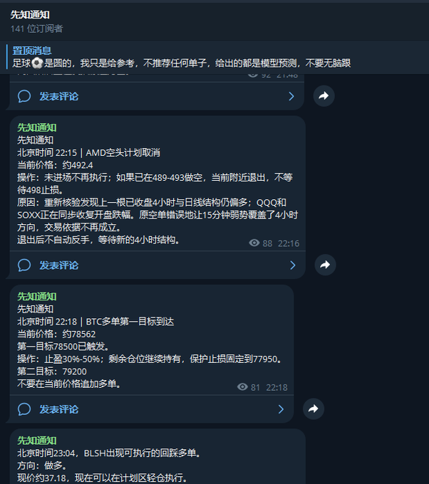 A dark-themed chat interface shows Chinese text updates regarding cryptocurrency market actions, including 'BTC' targets at ¥78562 and references to AMD, QQQ, and SOXX.