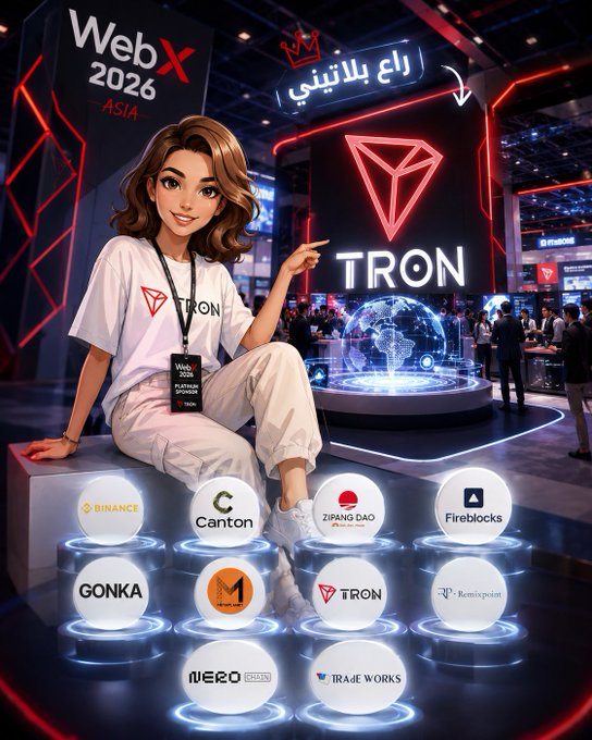 A stylized illustration shows a woman in a TRON-branded shirt sitting at the WebX 2026 Asia event, pointing toward a large illuminated TRON logo, with an array of partner company icons displayed at the bottom including Binance, Canton, Zipang DAO, Fireblocks, Gonka, Monsoon, Remixpoint, NERO Chain, and Trade Works, visually reinforcing TRON's platinum sponsorship status.