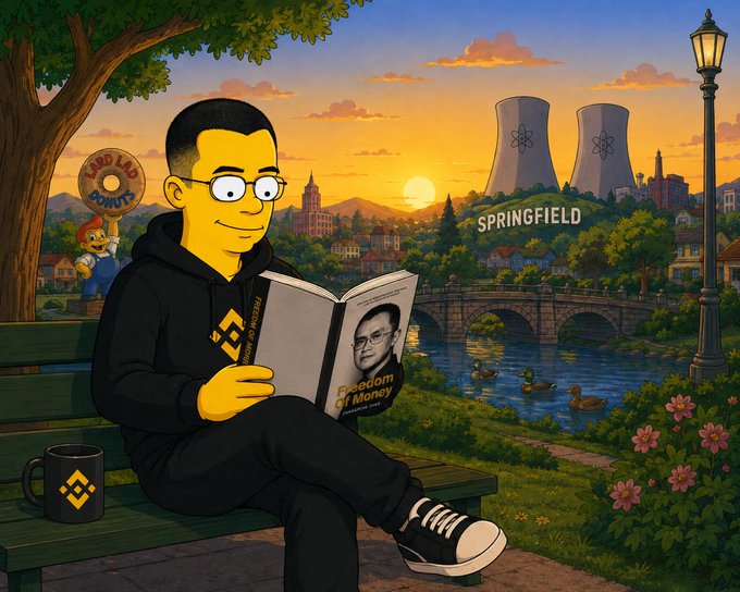 A Simpsons-style cartoon illustration of a man with yellow skin and glasses sitting on a park bench reading 'The Bitcoin Standard' by Saifedean Ammous, set in 'Springfield' with cooling towers and a nuclear plant in the background.