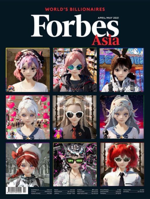 The image is a Forbes Asia magazine cover from April/May 2021 featuring "World's Billionaires" text, with a grid of nine stylized 3D avatar characters, one of which prominently displays "$SPX 6800" on digital sunglasses, tying into the post's promotion of SPX and the wearing of AEON-branded items as marketing.