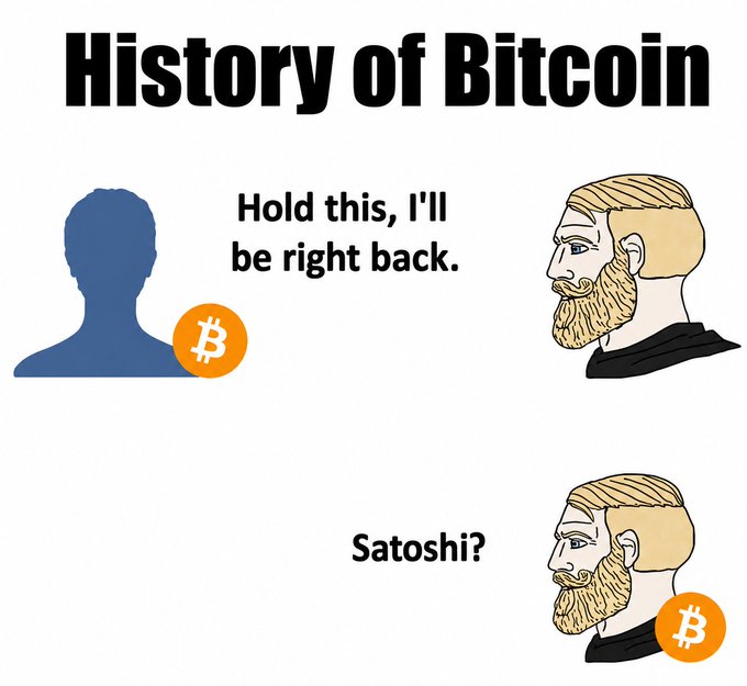A 'History of Bitcoin' meme depicting a silhouette holding a Bitcoin logo, with the text 'Hold this, I'll be right back,' followed by a bearded character returning without it, asking 'Satoshi?'