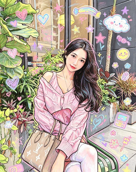 A stylized illustration of a woman in a pink cardigan sitting in a chair, surrounded by drawn hearts, stars, and plants.