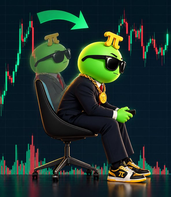 A 3D illustration of two green Binance-style character heads wearing sunglasses and suits, sitting in a chair against a candlestick chart background with a green arrow pointing right.