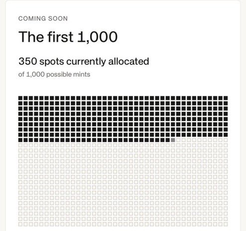 A coming-soon availability graphic titled “The first 1,000,” showing 350 spots currently allocated out of 1,000 possible mints. A grid of 1,000 squares is partially filled, with approximately the first 350 marked in black.