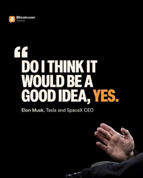 A Bitcoin.com graphic shows Elon Musk gesturing beneath the quote, “Do I think it would be a good idea, yes,” attributed to “Elon Musk, Tesla and SpaceX CEO.” The quote supports the post’s report that Tesla and SpaceX formed independent committees to assess a potential merger involving their combined Bitcoin holdings.