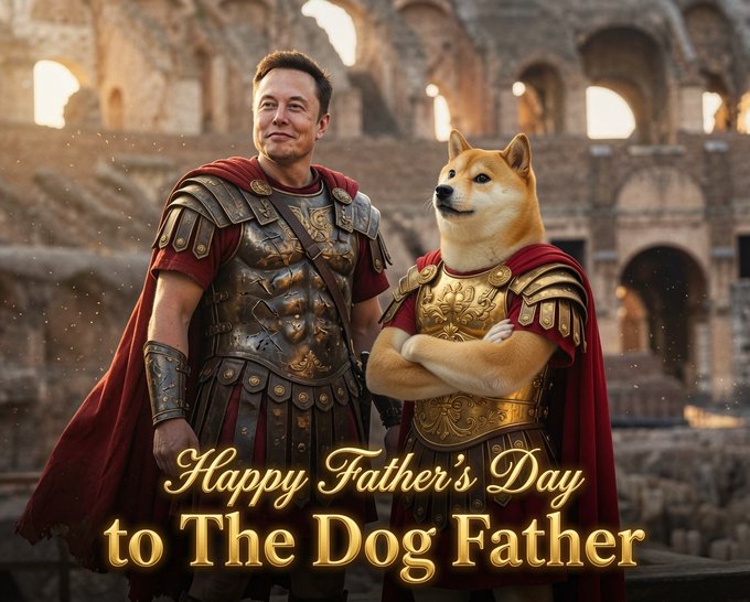 The image features a man dressed as Roman Emperor Augustus, wearing full Roman armor, standing next to a dog that is also dressed up like a Roman soldier or doge. The text "Happy Father's Day to The Dog Father" is written above them in the bottom right corner of the image.