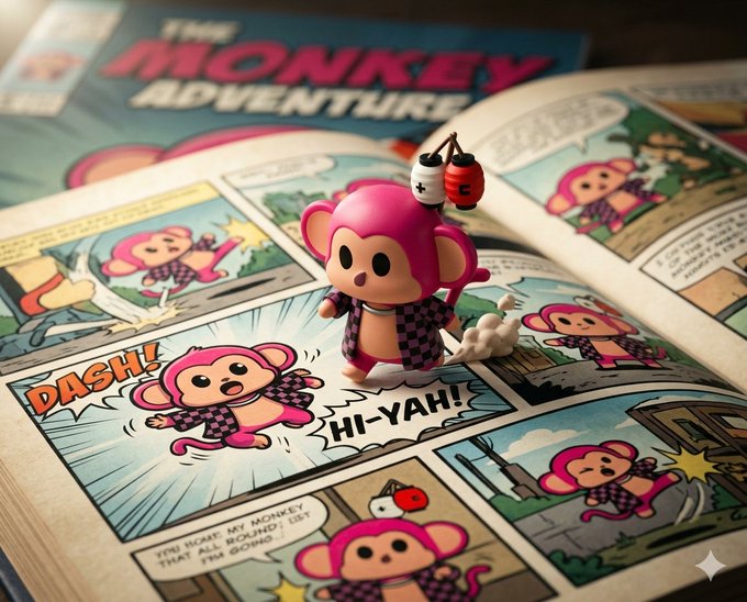 A small pink monkey figurine with a stick stands on an open comic book titled 'The Monkey Adventure,' surrounded by panels showing the same character with speech bubbles reading 'DASH!' and 'HI-YAH!'.