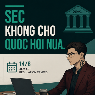 An illustrated graphic with the text 'SEC KHONG CHO QUOC HOI NUA' and '14/8 XEM XET REGULATION CRYPTO,' depicting a tattooed man with glasses working on a laptop beneath a Greek-style SEC building logo.
