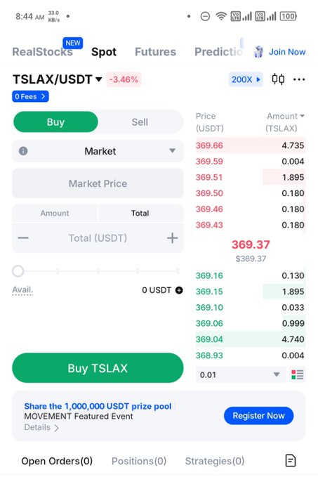 A cryptocurrency trading app screenshot showing the TSLAX/USDT spot trading interface with a market price of 369.37 USDT and a 3.46% price decline.