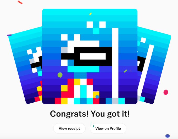 A congratulatory digital graphic showing pixel-art style gift cards with the text 'Congrats! You got it!' and buttons to 'View receipt' and 'View on Profile'.