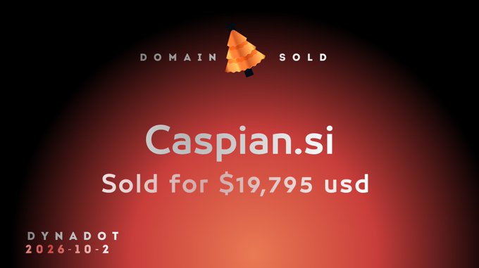 A DynaDot domain sale announcement featuring a Christmas tree logo, displaying "Caspian.si" sold for $19,795 USD on 2026-10-2 against a red spotlight background.