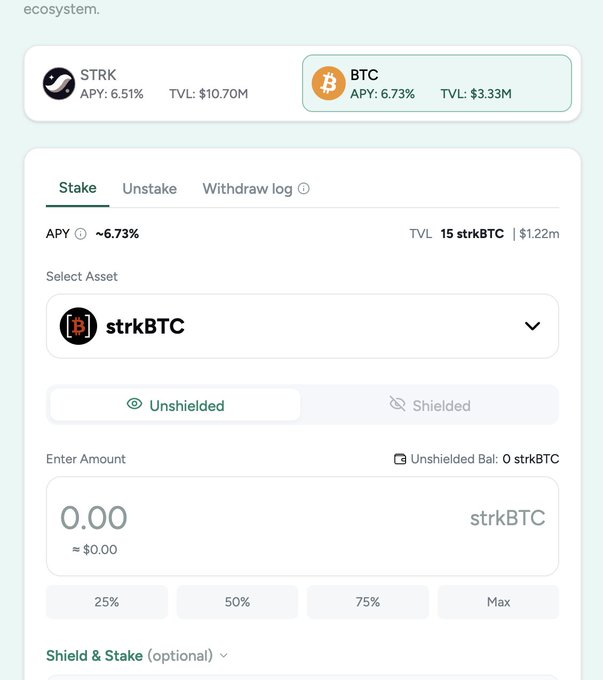 A cryptocurrency staking interface showing STRK and BTC options, with the BTC tab displaying 6.73% APY and $1.22m TVL for strkBTC staking.