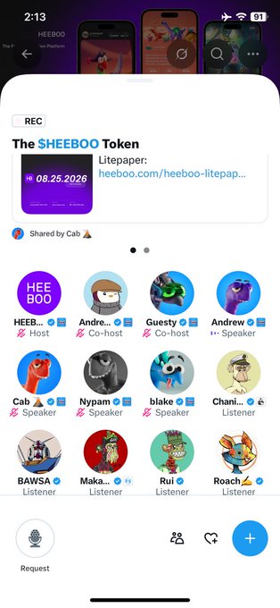 A mobile app interface showing a live audio room titled 'The SHEEBOO Token' with a Litepaper link, hosted by HEEBOO, featuring various speakers and listeners including Cab, Andre, Guesty, Nypam, blake, and others.