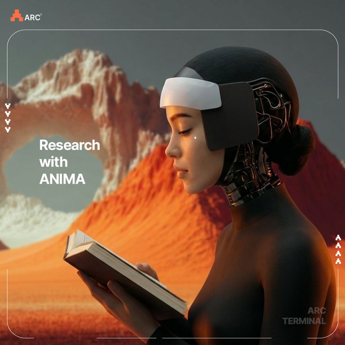 The image features a woman dressed as a robot, reading a book. She is wearing a helmet that looks like one from the movie "Contagion", giving her the appearance of an animated character rather than a real person. In the background, there's a mountain landscape with a desert area surrounding it. Below this scene, the image includes text that says: "Research with ANIMA". The presence of the woman and the fact she is reading a book suggest that the post could be related to a robot or animated character in some way. It might be drawing attention to the use of ANIMA as an aid for research purposes.