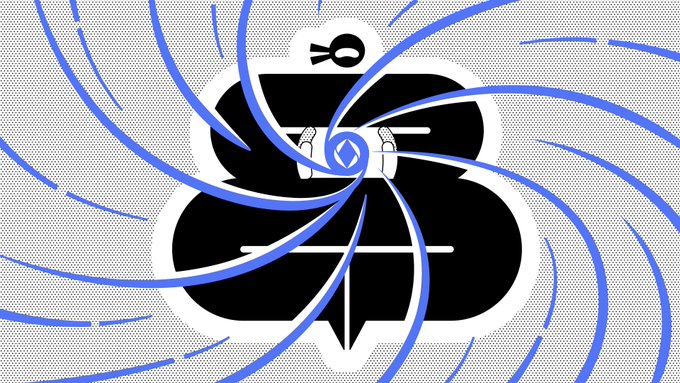 A stylized graphic featuring a black four-leaf clover logo with a sword and skull, surrounded by swirling blue lines on a halftone background.
