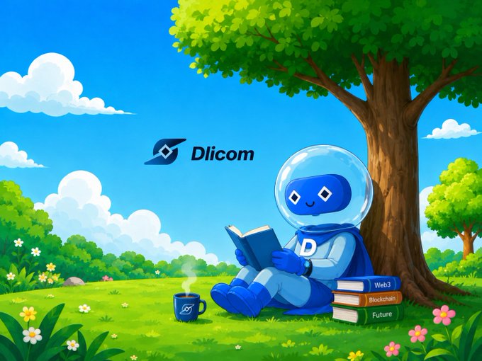A colorful cartoon-style illustration of a blue astronaut character reading a book under a tree, accompanied by the Dlicom logo and a stack of books labeled 'Web3', 'Blockchain', and 'Future'.