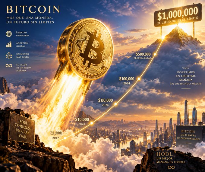 A glowing golden Bitcoin rockets skyward past a price trajectory marking milestones from $1,000 in 2017 to a projected $1,000,000 ("El cielo no es el límite"), with the text "BITCOIN: Más que una moneda, un futuro sin límites" overhead, perfectly capturing the optimistic $BTC bullish sentiment of the post.