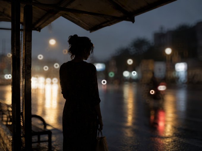 A silhouette of a woman standing under an awning at a bus stop at night, holding a handbag, with blurred city lights and wet streets reflecting in the background.