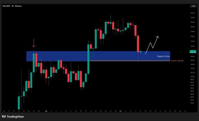 A TradingView candlestick chart for SOLUSDT on Binance showing a marked "Support Zone" with a red arrow pointing to a previous entry and a white arrow indicating a potential upward movement.