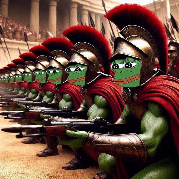A digital artwork showing rows of Pepe the Frog characters dressed as Spartan warriors with red cloaks and plumed helmets, holding rifles in an arena.