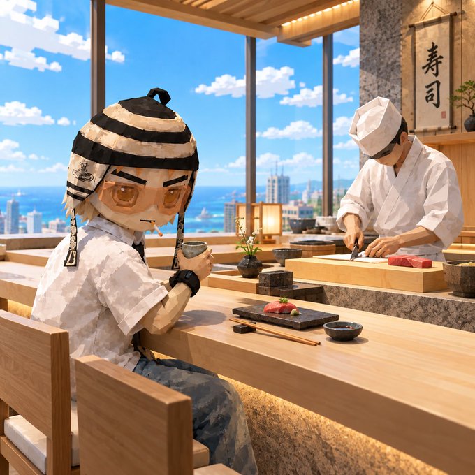 A 3D rendered scene of a stylized character wearing a striped beanie and glasses enjoying sushi at a counter while a sushi chef prepares food, with a coastal city view in the background and a '寿司' (sushi) sign.