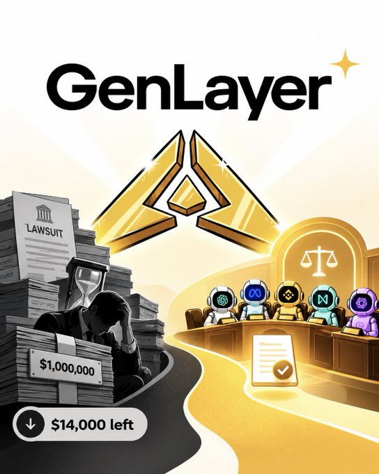 A promotional graphic for 'GenLayer' featuring a golden logo above a scene contrasting a stressed person buried under lawsuit papers and an hourglass labeled '$1,000,000' on one side, with a panel of robot judges and a document with a checkmark on the other, with '$14,000 left' displayed at the bottom.