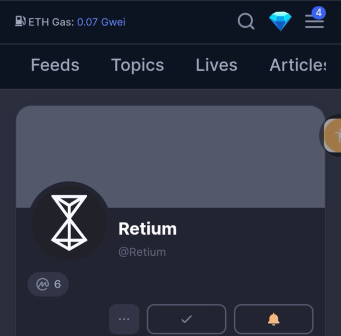 A profile page for "Retium" (@Retium) on a crypto-focused platform, showing a navigation bar with Feeds, Topics, Lives, and Articles, along with an ETH gas indicator at 0.07 Gwei. The image relates to the post by showcasing Retium's social media profile, likely as part of their announcement about being officially listed on CoinMarketCap and encouraging community members to follow and engage with their page.
