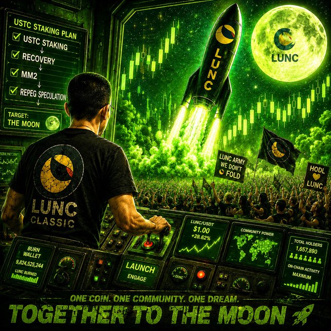 The image features a poster for an event called "Together to the Moon". The poster includes a man standing next to a rocket, with a crowd of people watching from behind him. The poster also contains text that reads "One coin one community, one dream together to the moon", which suggests that the event is related to space exploration or a similar theme. The poster's design and content are meant to convey a sense of unity and shared purpose among those who attend the event.