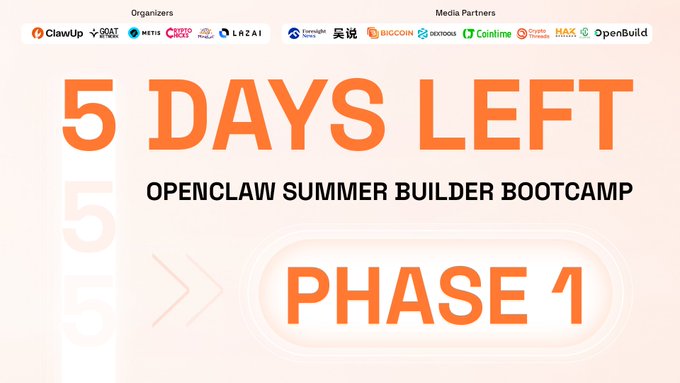 A promotional graphic for the OpenClaw Summer Builder Bootcamp displays "5 DAYS LEFT" in large orange text above "OPENCLAW SUMMER BUILDER BOOTCAMP" and "PHASE 1," with organizer logos (ClawUp, Goat Network, Metis, ChainCatcher, Lucky, LazAI) and media partner logos (Foresight News, 吴说, Bitcoin, OKX Web3, Coinline, Crypto Times, Hackernoon, OpenBuild) featured at the top. The image visually reinforces the post's countdown message, marking the final stretch of Stage 1 which ends July 17 for the 12 competing teams competing for a $5,000 prize pool.