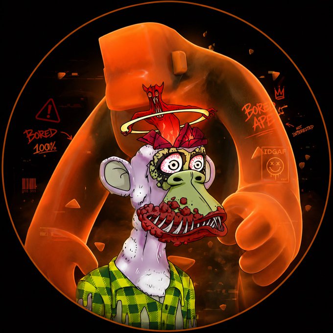 The image features a graphic of a scary character wearing an orange suit with an artificial headpiece, giving him an intense look. Below this, there are two people interacting with the image, one of them wearing a green and white checkered shirt holding up the scary monster figure. In the background, there is a warning sign that reads "Bored 100%". The caption provides additional information about the image.