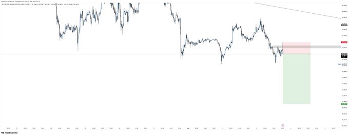 A BTC/USD TradingView chart showing a short position setup with a red zone (likely stop-loss area) near the 103,000-103,500 level and a larger green zone (take-profit target) extending downward toward 92,000-94,000, illustrating the "$BTC Shorted" trade with defined risk and reward levels.