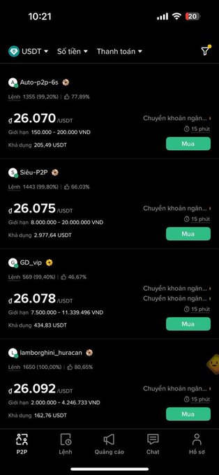 A mobile app screenshot displays a USDT/VND buy order book on a Vietnamese crypto exchange, showing sellers offering USDT at prices ranging from 26,070 to 26,092 VND, with completed orders visible at 99% completion rates. The interface includes Vietnamese text such as "Sổ tiền," "Thanh toán," "Lệnh," and "Mua," supporting the caption's reference to declining USDT prices in Vietnam.