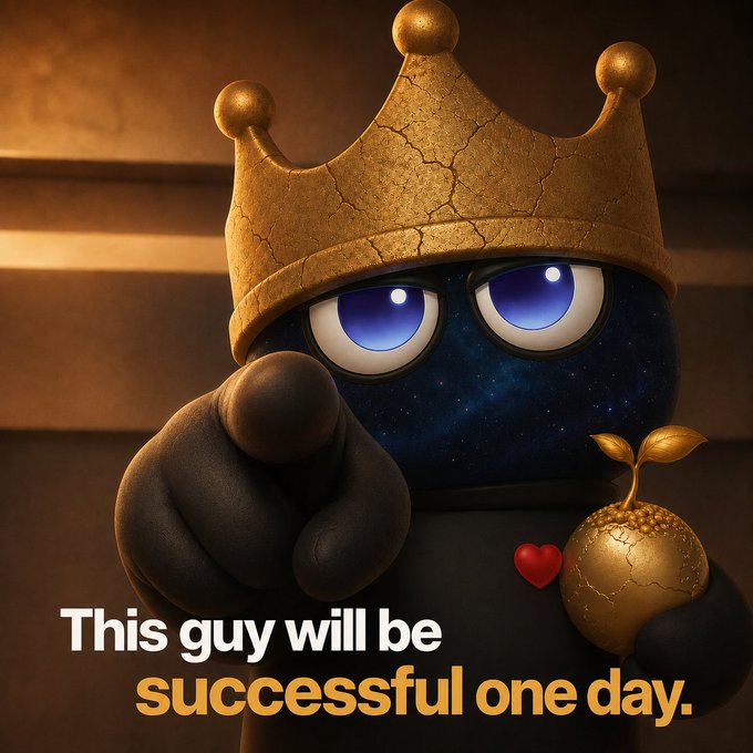 A 3D-rendered character wearing a golden crown points directly at the viewer while holding a golden fruit, with the text 'This guy will be successful one day.' displayed below.