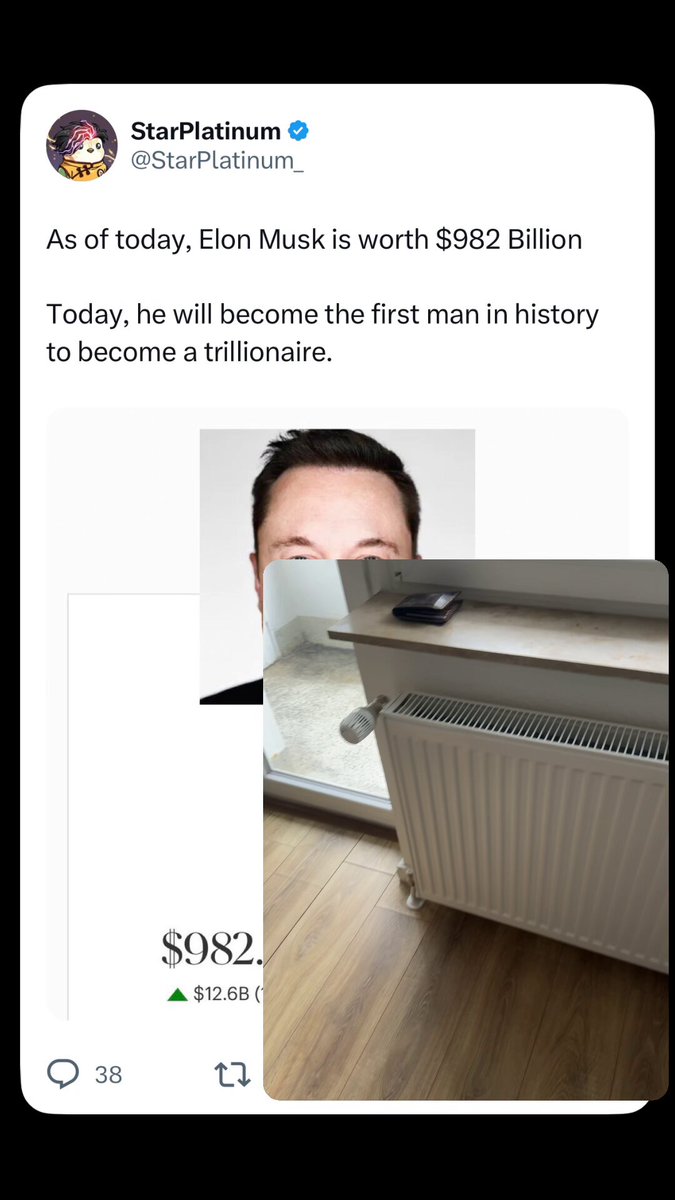 The image shows a cell phone screen with a Twitter post and an image of a thermostat displaying its temperature setting, which reads $82.72. The context of the post suggests that someone has posted about money spent on various things over time and is sharing their experience related to the hashtag #SatoshiPlatinum, indicating it's likely related to Bitcoin or cryptocurrency discussions.