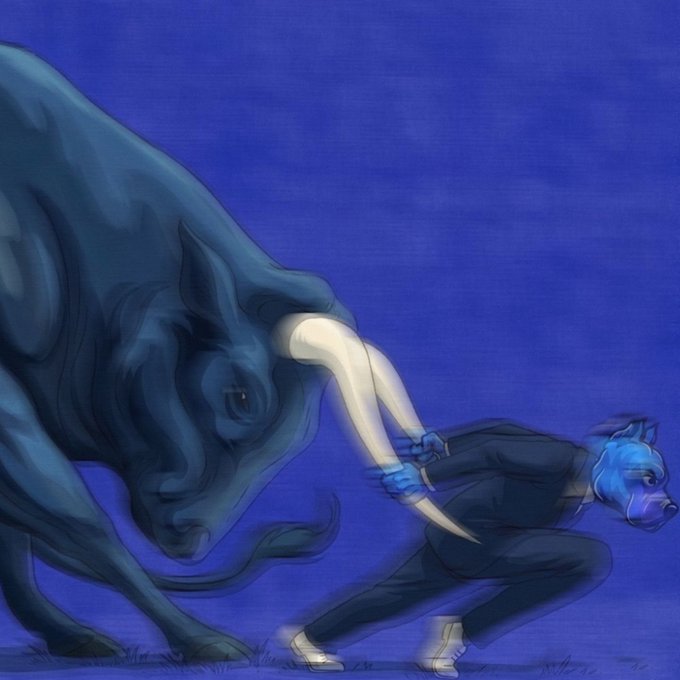 An illustration depicting a blue humanoid character in a suit wrestling with a large blue bull-like creature against a dark blue background.
