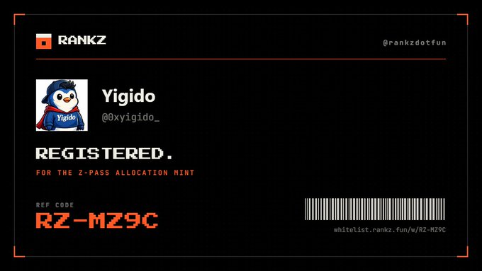 A black and red digital registration card for 'RANKZ' featuring a penguin avatar, the username 'Yigido' (@0xyigido_), and text reading 'REGISTERED FOR THE Z-PASS ALLOCATION MINT' along with reference code 'RZ-MZ9C' and a barcode.