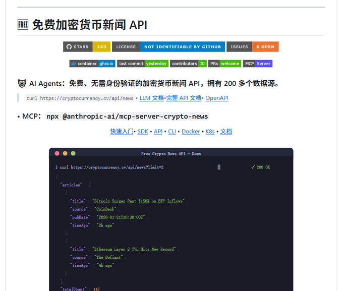 A GitHub repository page titled '免费加密货币新闻 API' (Free Crypto News API) for AI Agents, showing 253 stars and an example curl command returning cryptocurrency news articles about Bitcoin and Ethereum from sources like CoinDesk and The Defiant.
