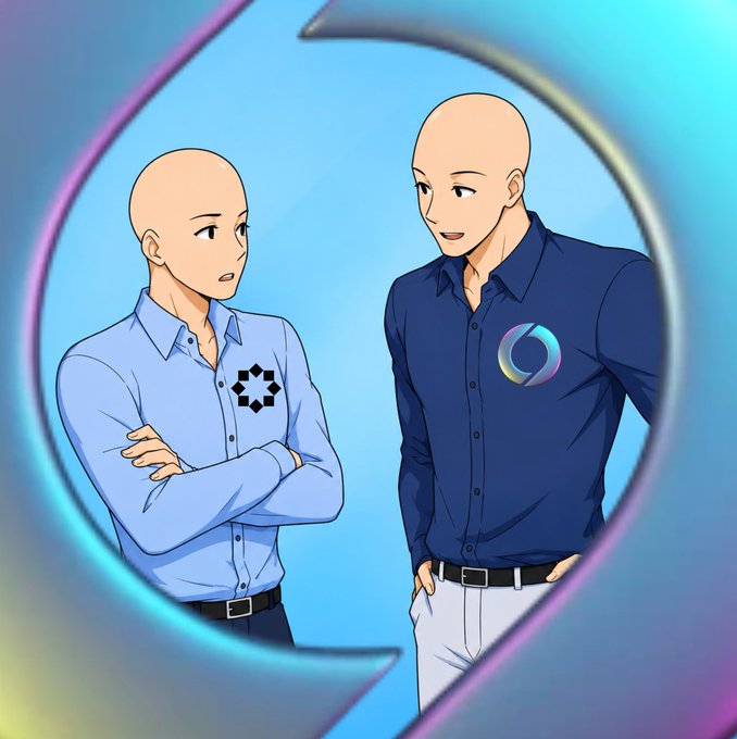 An anime-style illustration of two bald men standing in front of a stylized, glowing circular shape; the man on the left wears a light blue shirt with a gear logo, and the man on the right wears a dark blue shirt with a water drop logo.