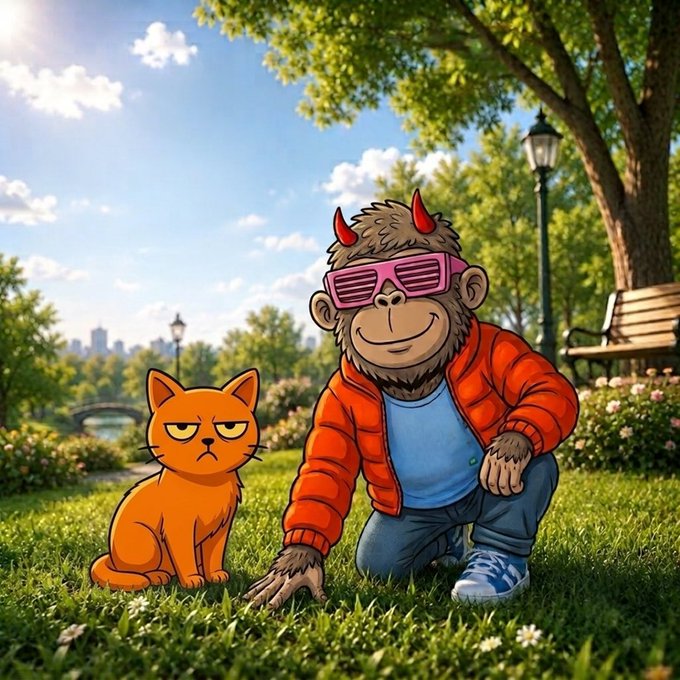 A cartoon illustration of a monkey wearing pink shutter shades and an orange puffer jacket kneeling on grass next to a grumpy-looking orange cat, set in a sunny park with trees, a bench, and lamp posts.