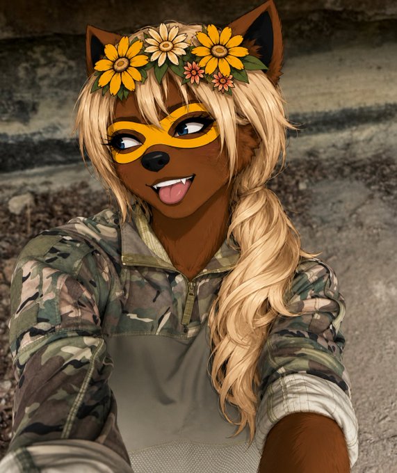 An anime-style illustration of a smiling character with brown skin, fox ears, a yellow mask, a sunflower crown, and a long blonde braid, wearing a camouflage jacket.