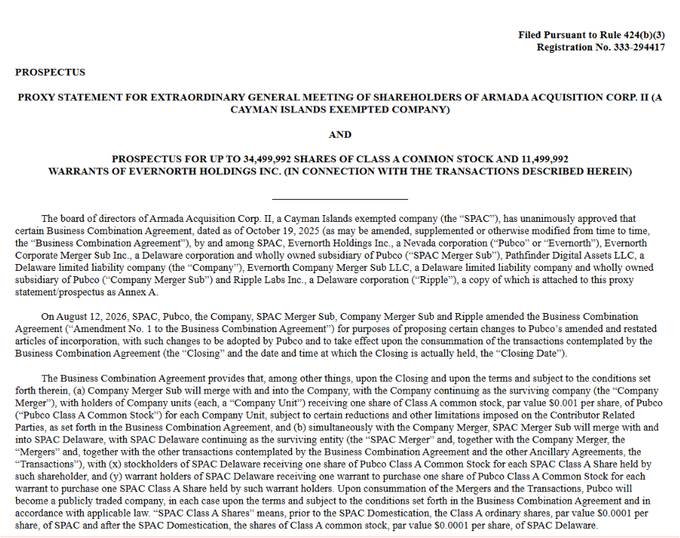 The image shows the first page of a 424(b)(3) prospectus and proxy statement for Armada Acquisition Corp. II's (SPAC) business combination with Evernorth Holdings Inc., covering up to 34,499,992 Class A Common Shares and 11,499,992 Warrants, referencing Amendment No. 1 to the Business Combination Agreement dated August 12, 2026, with Pubco to be listed on Nasdaq as $XRPN—directly corroborating the post's details about the merger filing, share/warrant counts, amendment date, and planned ticker symbol.