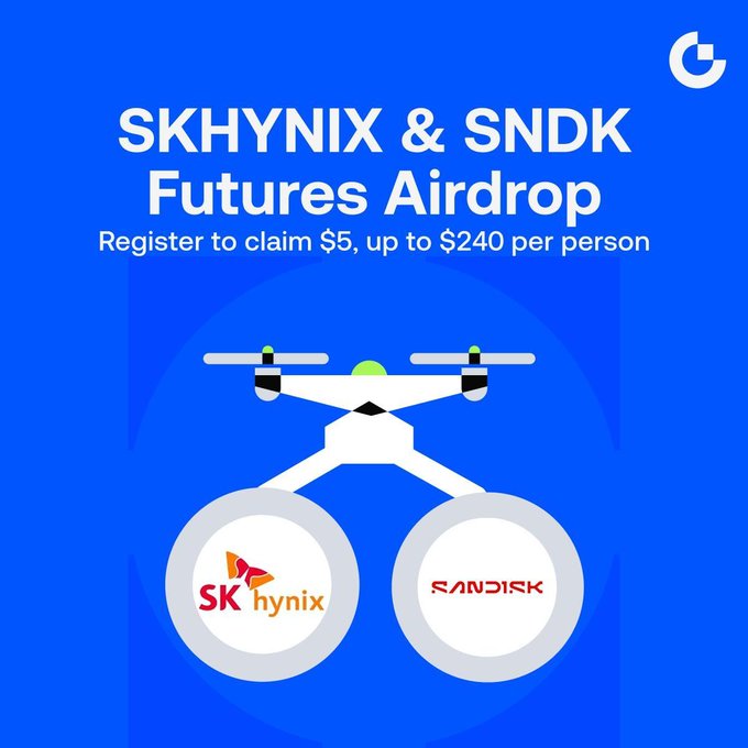 The image is a promotional graphic for a Gate.io Futures Airdrop featuring SK Hynix and SanDisk, with text reading "SKHYNIX & SNDK Futures Airdrop – Register to claim $5, up to $240 per person," visually represented by a drone carrying two circles branded with the SK hynix and SanDisk logos. It directly illustrates the airdrop campaign mentioned in the post, highlighting the ticker symbols and potential rewards.