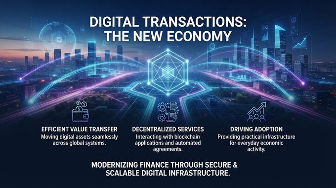 A futuristic cityscape graphic titled 'DIGITAL TRANSACTIONS: THE NEW ECONOMY' featuring three sections: 'EFFICIENT VALUE TRANSFER', 'DECENTRALIZED SERVICES', and 'DRIVING ADOPTION', with the tagline 'MODERNIZING FINANCE THROUGH SECURE & SCALABLE DIGITAL INFRASTRUCTURE.'