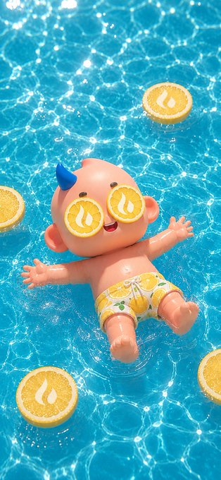 A cheerful 3D-rendered character with a blue tuft of hair and orange slice-shaped eyes floating on its back in a bright blue pool, surrounded by floating orange slice tokens.