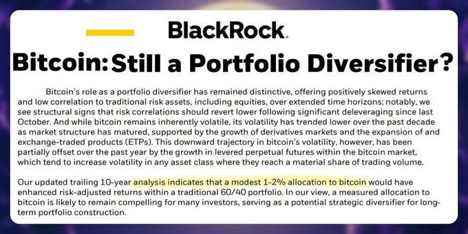 A BlackRock article titled 'Bitcoin: Still a Portfolio Diversifier?' discussing Bitcoin's role as a portfolio diversifier with analysis showing a 1-2% allocation to bitcoin would enhance risk-adjusted returns.