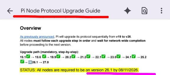 The image shows a "Pi Node Protocol Upgrade Guide" outlining the sequential protocol upgrade path from v19 to v27, with version numbers (19.5, 19.6, 19.9, 20.2, 21.2, 22.1, 23.0, 24.1, 25.2, 26.1 → 27.0) each marked with green checkmarks, and a highlighted note stating "STATUS: All nodes are required to be on version 26.1 by 08/11/2026."

This aligns with the post's announcement that Protocol 26 will launch on August 11, representing a key milestone toward Pi Network's mainnet transition as pioneers prepare for the final protocol upgrade.